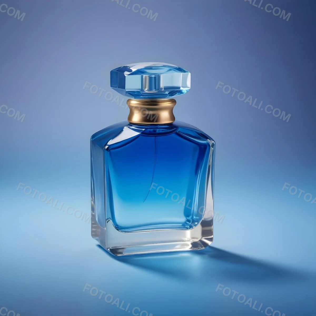 Minimal Soft Studio Light Photography A Blue Glass Perfume Bottle With A Gold Cap Against A Blue Background High Detail Solid Bold Color Background 31 B1bd