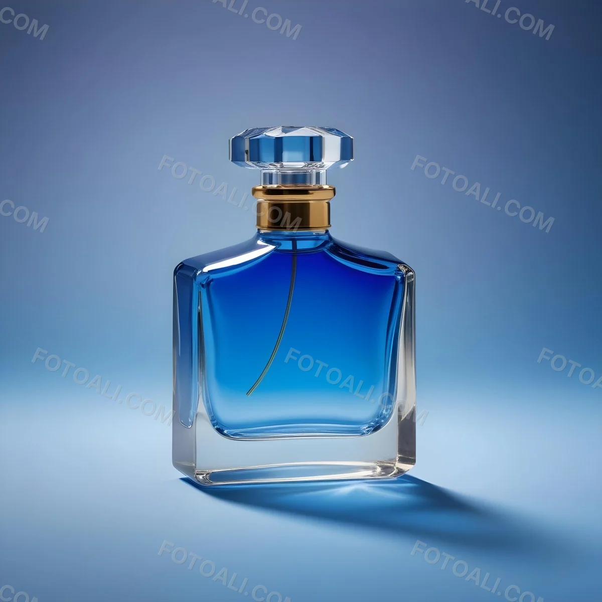 Minimal Soft Studio Light Photography A Blue Glass Perfume Bottle With A Gold Cap Against A Blue Background High Detail Solid Bold Color Background 33 C7a6