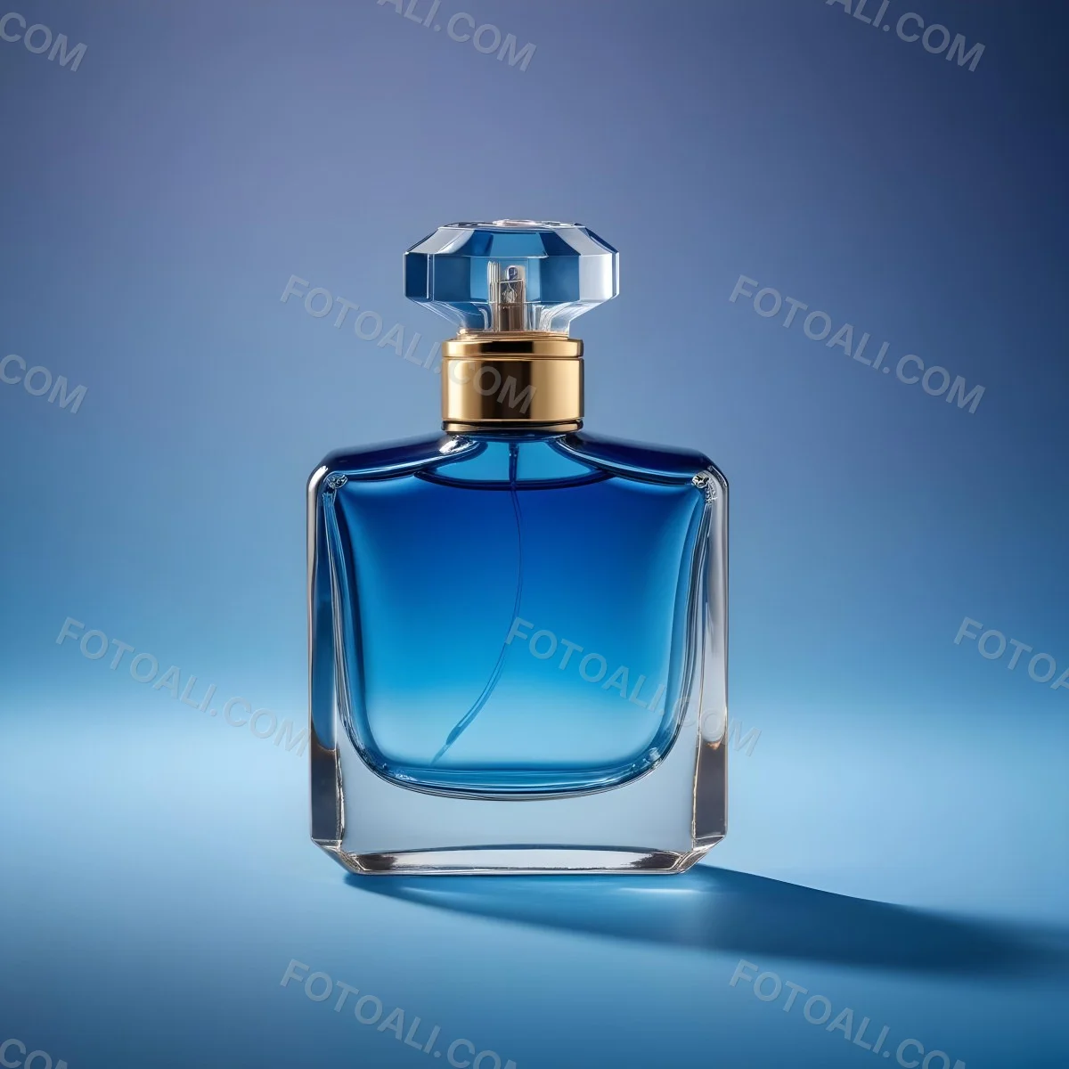Minimal Soft Studio Light Photography A Blue Glass Perfume Bottle With A Gold Cap Against A Blue Background High Detail Solid Bold Color Background 34 Ae93