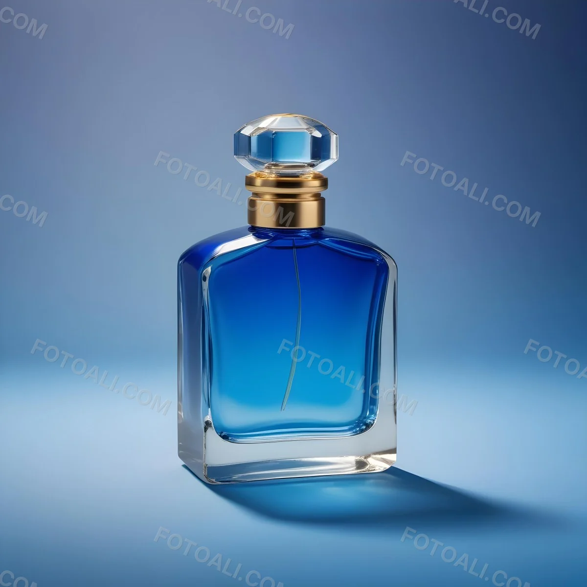 Minimal Soft Studio Light Photography A Blue Glass Perfume Bottle With A Gold Cap Against A Blue Background High Detail Solid Bold Color Background 36 234c