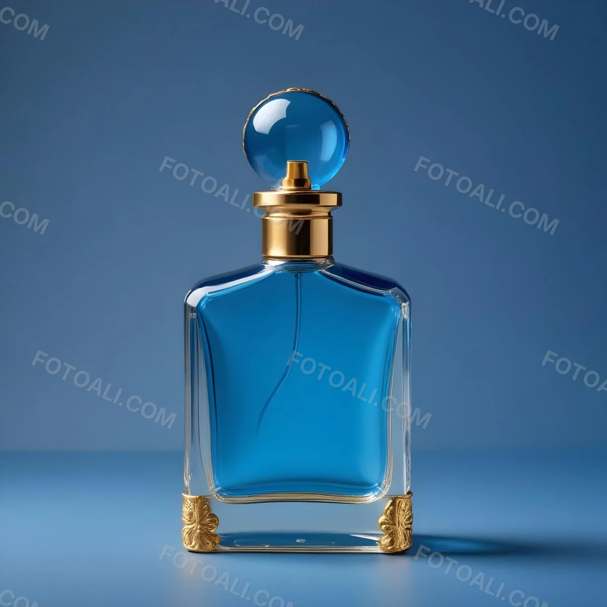 Minimal Soft Studio Light Photography A Blue Glass Perfume Bottle With A Gold Cap Against A Blue Background High Detail Solid Bold Color Background 4 E642