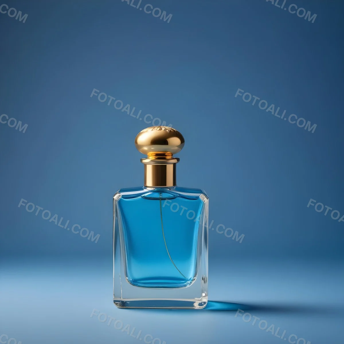 Minimal Soft Studio Light Photography A Blue Glass Perfume Bottle With A Gold Cap Against A Blue Background High Detail Solid Bold Color Background 5 4250