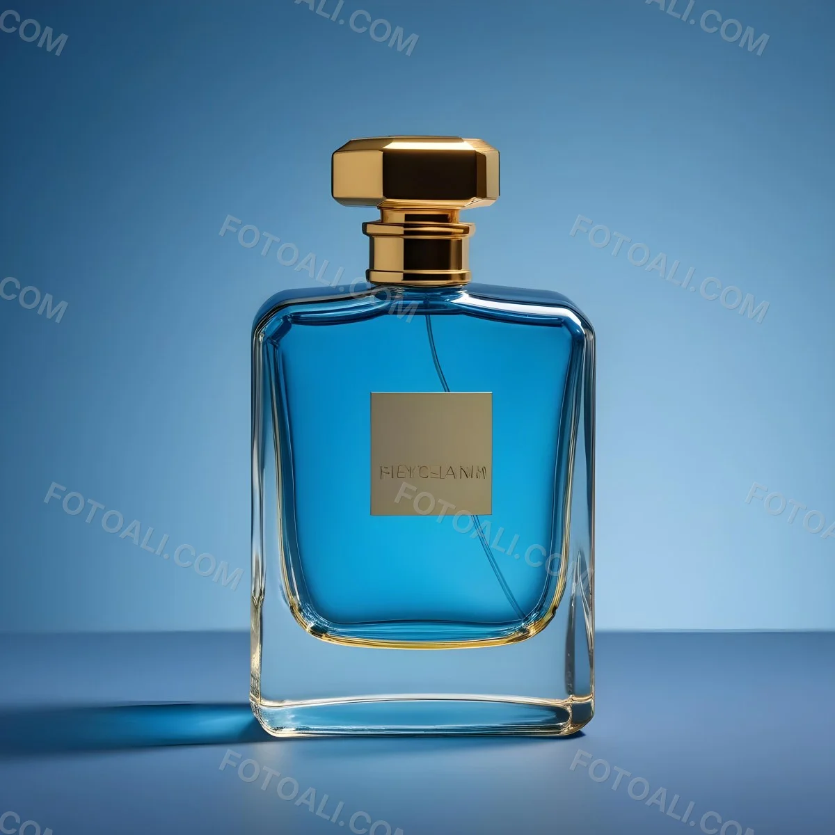 Minimal Soft Studio Light Photography A Blue Glass Perfume Bottle With A Gold Cap Against A Blue Background High Detail Solid Bold Color Background 7 377b