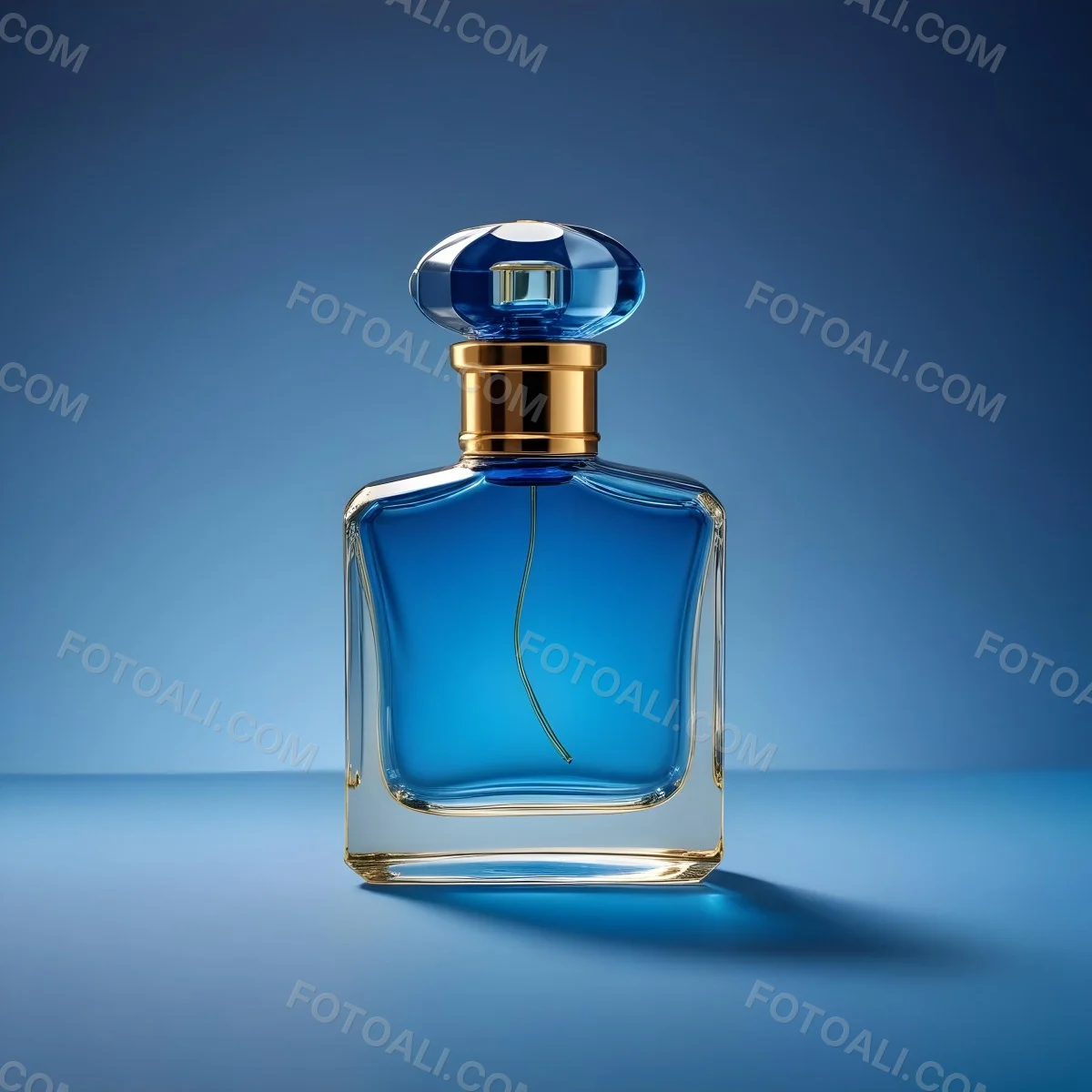 Minimal Soft Studio Light Photography A Blue Glass Perfume Bottle With A Gold Cap Against A Blue Background High Detail Solid Bold Color Background 8 9c0a