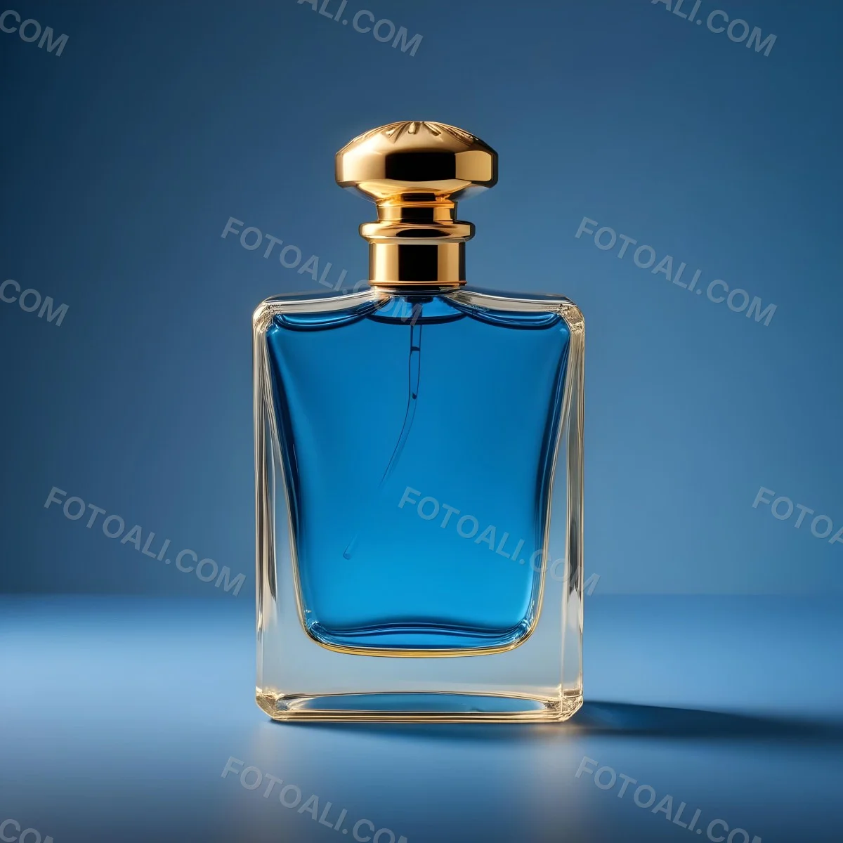 Minimal Soft Studio Light Photography A Blue Glass Perfume Bottle With A Gold Cap Against A Blue Background High Detail Solid Bold Color Background 9 68f4