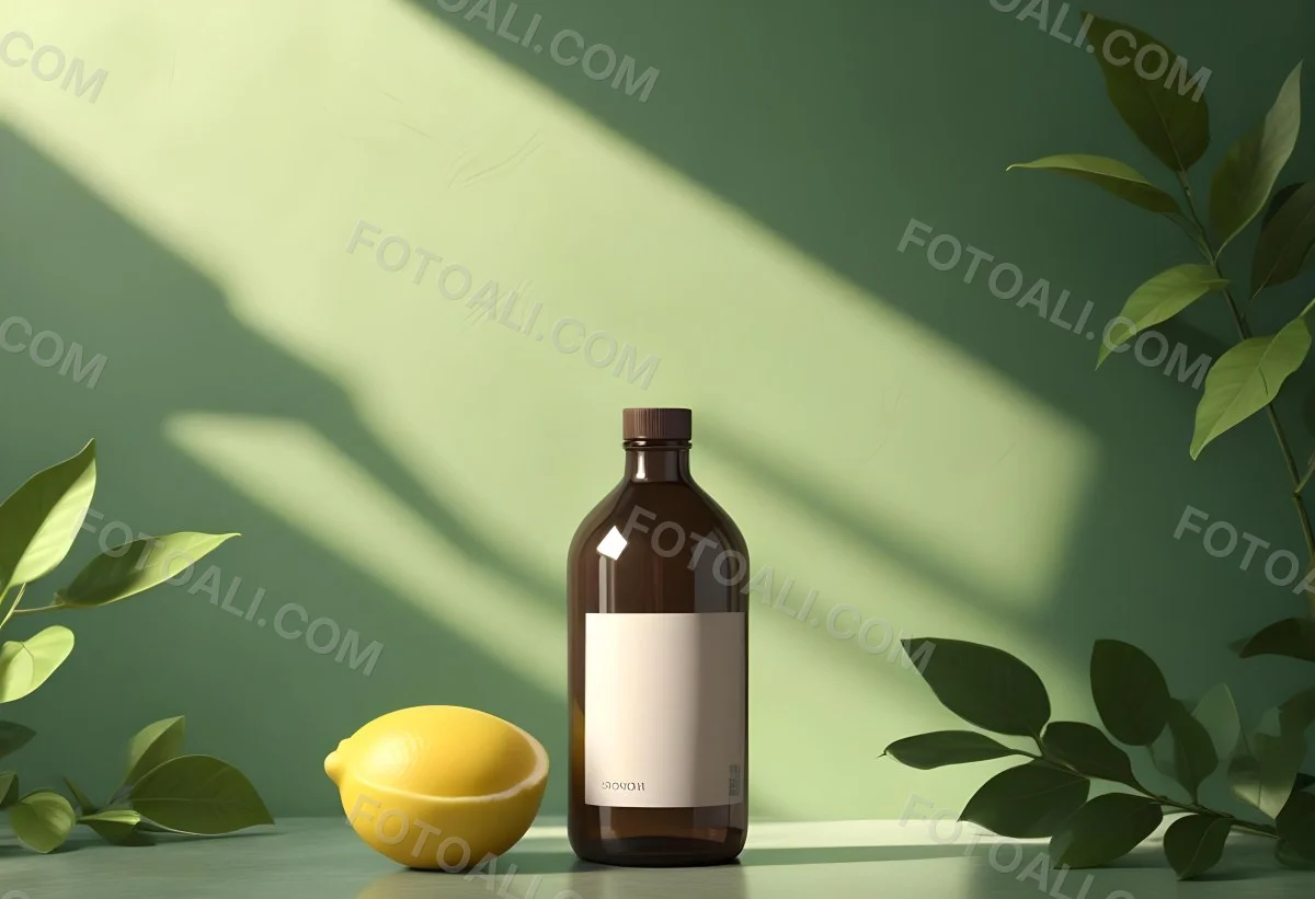 Minimal Soft Studio Light Photography A Brown Glass Pump Bottle With A Blank Label Placed On A Surface Next To A Halved Lemon And Some Green Foliage The Background Features A Textured Green Wall With Soft Shadows And 10 Ab01