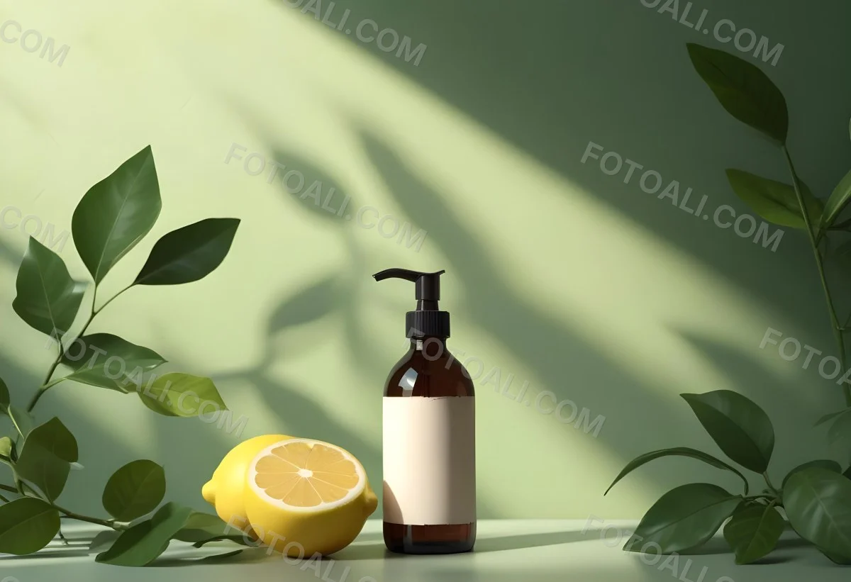 Minimal Soft Studio Light Photography A Brown Glass Pump Bottle With A Blank Label Placed On A Surface Next To A Halved Lemon And Some Green Foliage The Background Features A Textured Green Wall With Soft Shadows And 11 Da5b