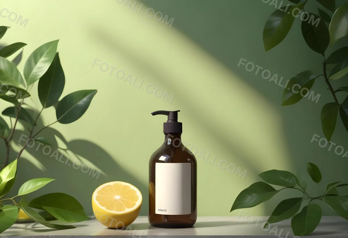 Minimal Soft Studio Light Photography A Brown Glass Pump Bottle With A Blank Label Placed On A Surface Next To A Halved Lemon And Some Green Foliage The Background Features A Textured Green Wall With Soft Shadows And 12 C3e4