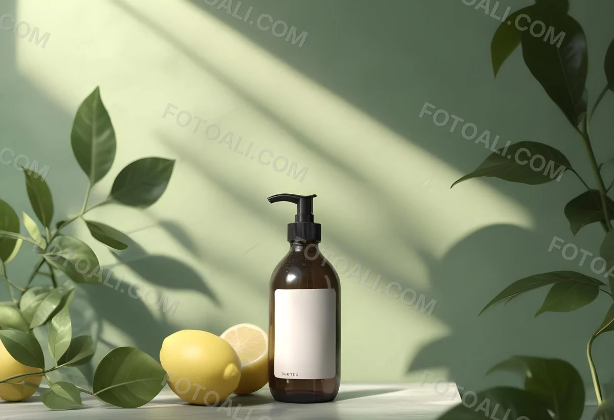 Minimal Soft Studio Light Photography A Brown Glass Pump Bottle With A Blank Label Placed On A Surface Next To A Halved Lemon And Some Green Foliage The Background Features A Textured Green Wall With Soft Shadows And 15 D183