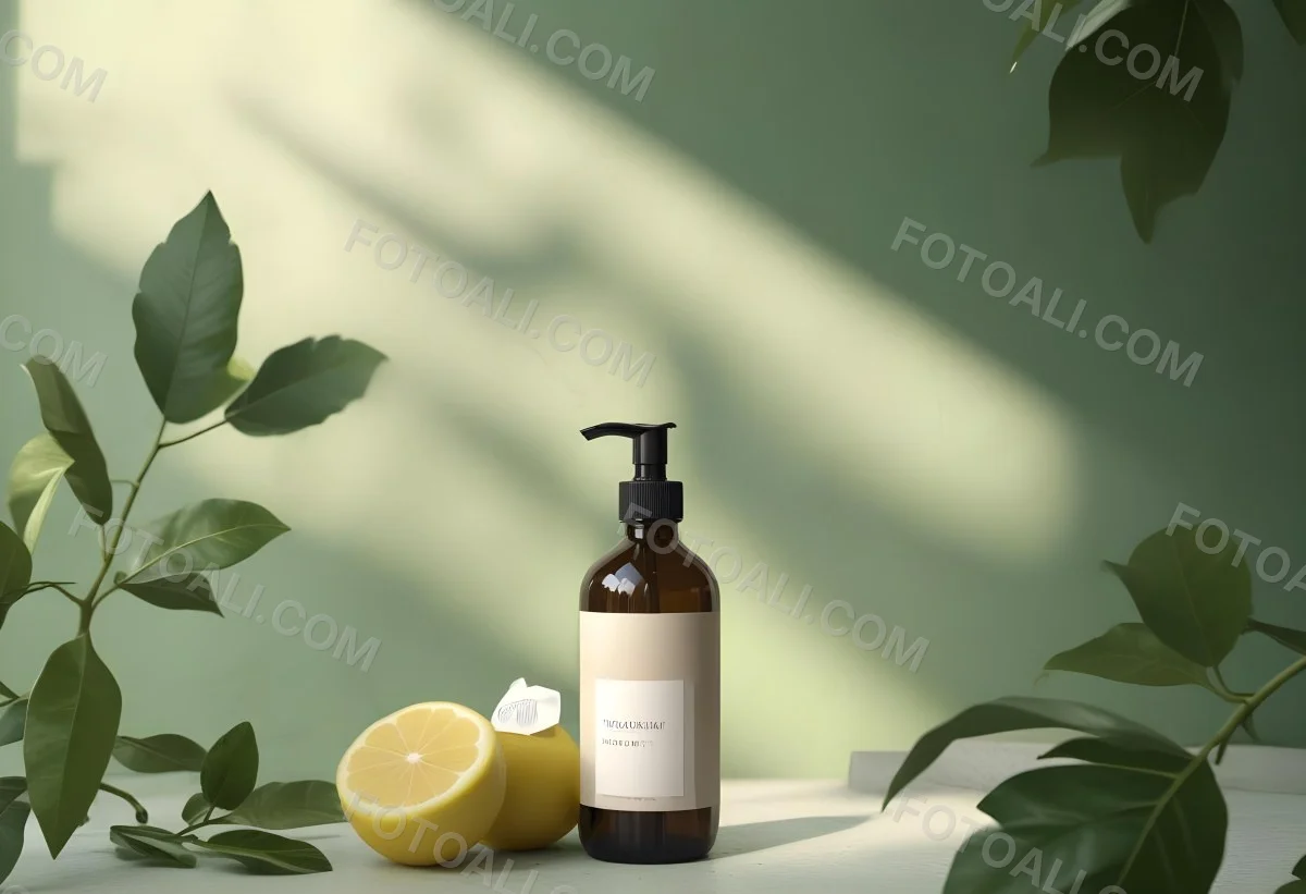 Minimal Soft Studio Light Photography A Brown Glass Pump Bottle With A Blank Label Placed On A Surface Next To A Halved Lemon And Some Green Foliage The Background Features A Textured Green Wall With Soft Shadows And 16 572b