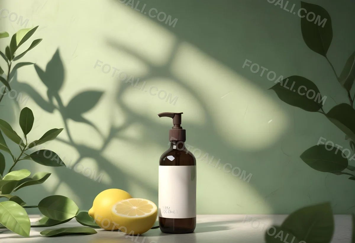 Minimal Soft Studio Light Photography A Brown Glass Pump Bottle With A Blank Label Placed On A Surface Next To A Halved Lemon And Some Green Foliage The Background Features A Textured Green Wall With Soft Shadows And 17 C9cf
