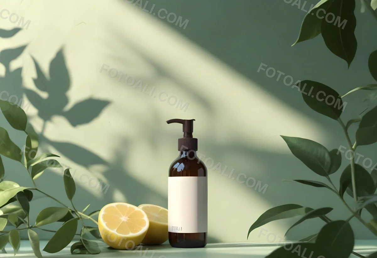 Minimal Soft Studio Light Photography A Brown Glass Pump Bottle With A Blank Label Placed On A Surface Next To A Halved Lemon And Some Green Foliage The Background Features A Textured Green Wall With Soft Shadows And 18 2981