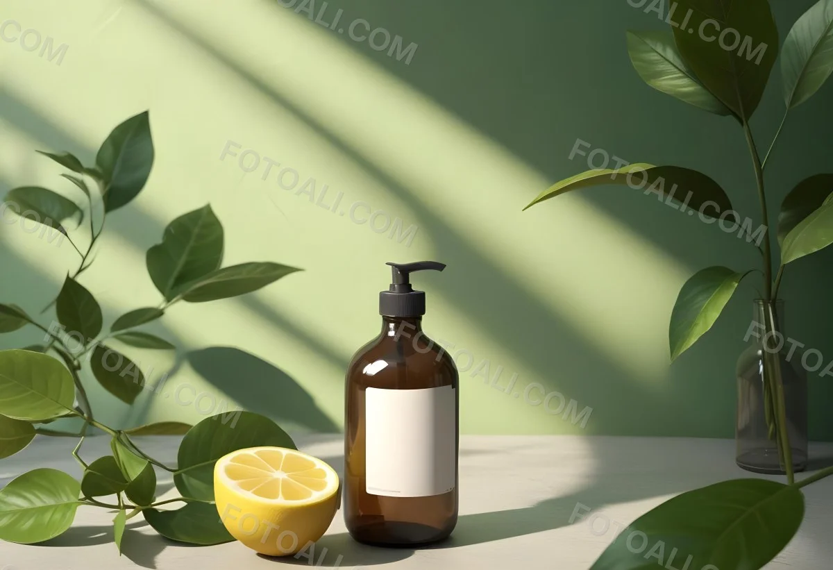 Minimal Soft Studio Light Photography A Brown Glass Pump Bottle With A Blank Label Placed On A Surface Next To A Halved Lemon And Some Green Foliage The Background Features A Textured Green Wall With Soft Shadows And 22 3f9e