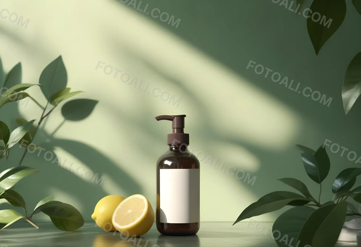 Minimal Soft Studio Light Photography A Brown Glass Pump Bottle With A Blank Label Placed On A Surface Next To A Halved Lemon And Some Green Foliage The Background Features A Textured Green Wall With Soft Shadows And 23 4295