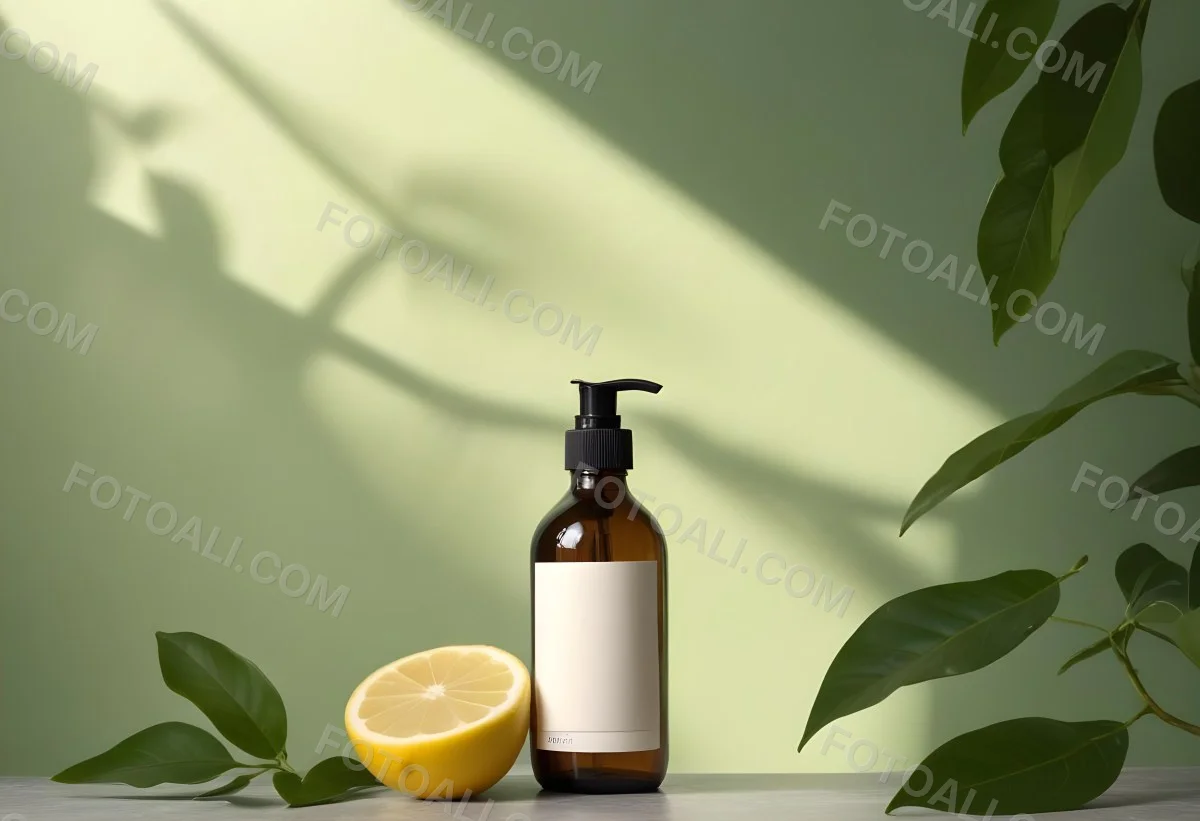 Minimal Soft Studio Light Photography A Brown Glass Pump Bottle With A Blank Label Placed On A Surface Next To A Halved Lemon And Some Green Foliage The Background Features A Textured Green Wall With Soft Shadows And 5 96e1