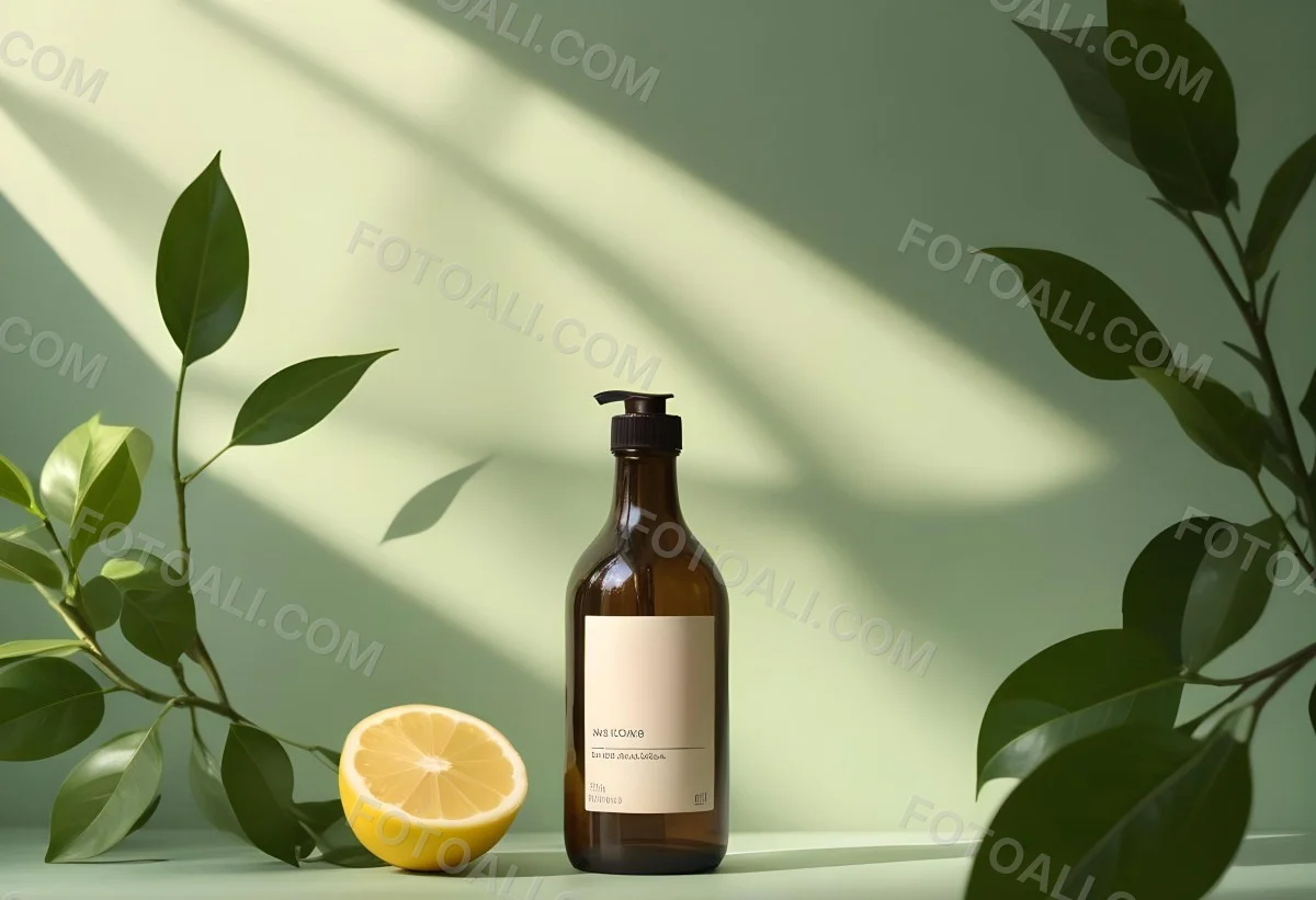 Minimal Soft Studio Light Photography A Brown Glass Pump Bottle With A Blank Label Placed On A Surface Next To A Halved Lemon And Some Green Foliage The Background Features A Textured Green Wall With Soft Shadows And 7 Acd5