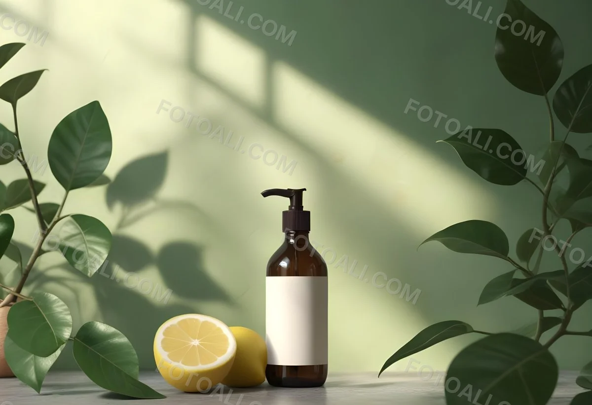 Minimal Soft Studio Light Photography A Brown Glass Pump Bottle With A Blank Label Placed On A Surface Next To A Halved Lemon And Some Green Foliage The Background Features A Textured Green Wall With Soft Shadows And 9 D6f4
