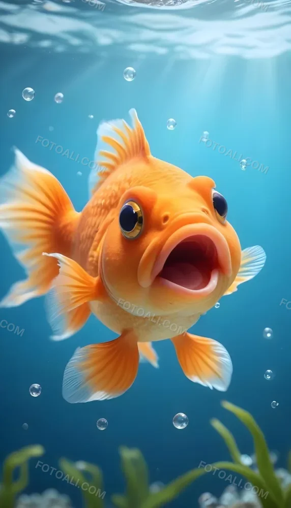 Minimal Soft Studio Light Photography A Cheerful Orange Goldfish With Large Expressive Eyes And A Wide Smile Swimming In Clear Blue Water With Bubbles Surrounding It The Fish Has Distinct Fins And A Rounded Body Giv 51 75c7