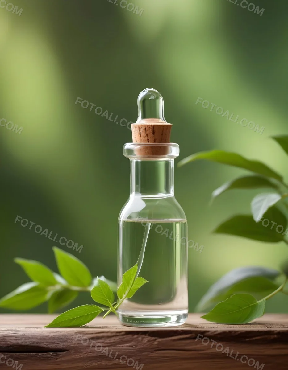 Minimal Soft Studio Light Photography A Clear Glass Dropper Bottle Filled With A Liquid Placed On A Wooden Surface The Background Is Softly Blurred Suggesting A Natural Setting With Greenery High Detail Solid Bol 11 53ca