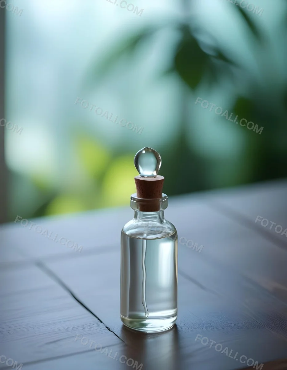Minimal Soft Studio Light Photography A Clear Glass Dropper Bottle Filled With A Liquid Placed On A Wooden Surface The Background Is Softly Blurred Suggesting A Natural Setting With Greenery High Detail Solid Bol 12 E2a4