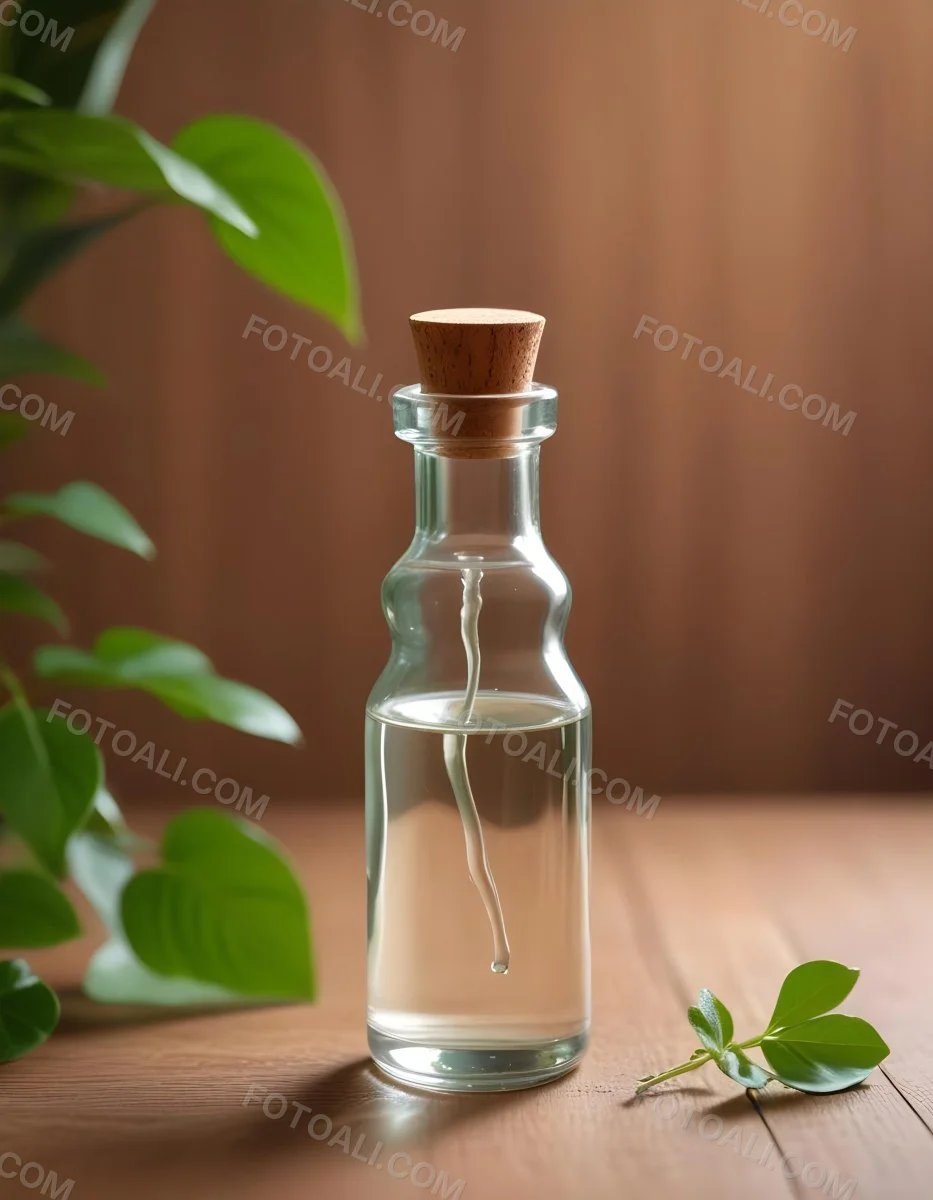 Minimal Soft Studio Light Photography A Clear Glass Dropper Bottle Filled With A Liquid Placed On A Wooden Surface The Background Is Softly Blurred Suggesting A Natural Setting With Greenery High Detail Solid Bol 13 8306