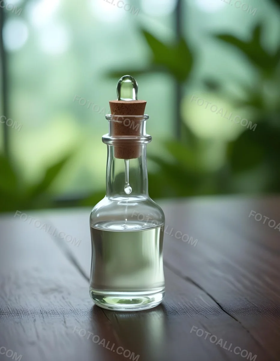 Minimal Soft Studio Light Photography A Clear Glass Dropper Bottle Filled With A Liquid Placed On A Wooden Surface The Background Is Softly Blurred Suggesting A Natural Setting With Greenery High Detail Solid Bol 17 0178