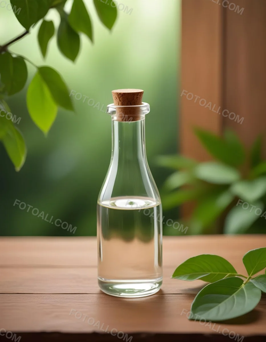 Minimal Soft Studio Light Photography A Clear Glass Dropper Bottle Filled With A Liquid Placed On A Wooden Surface The Background Is Softly Blurred Suggesting A Natural Setting With Greenery High Detail Solid Bol 18 1507