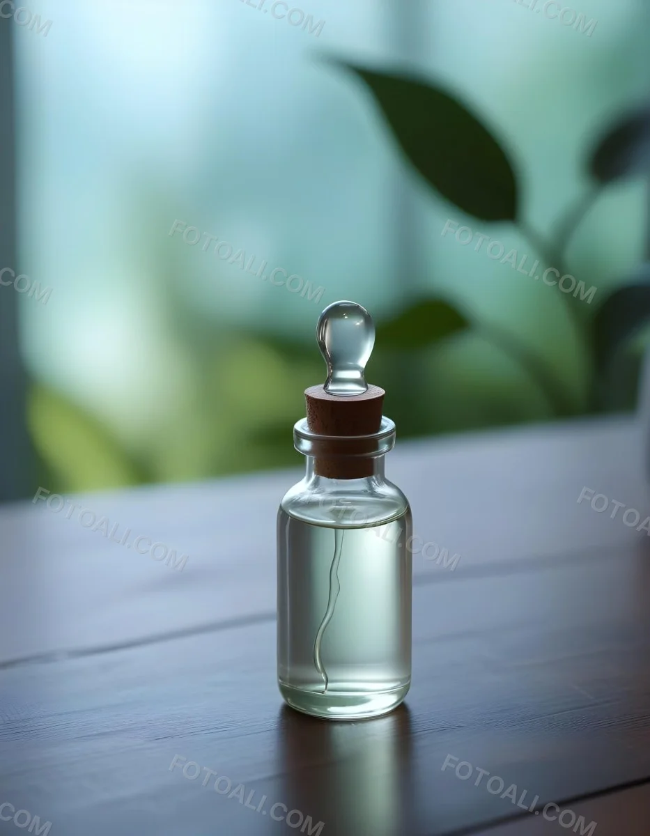Minimal Soft Studio Light Photography A Clear Glass Dropper Bottle Filled With A Liquid Placed On A Wooden Surface The Background Is Softly Blurred Suggesting A Natural Setting With Greenery High Detail Solid Bol 20 28b0
