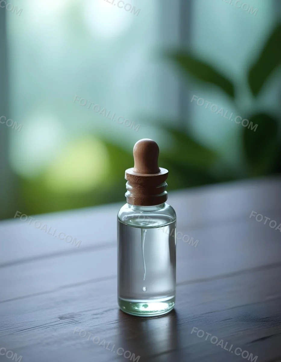 Minimal Soft Studio Light Photography A Clear Glass Dropper Bottle Filled With A Liquid Placed On A Wooden Surface The Background Is Softly Blurred Suggesting A Natural Setting With Greenery High Detail Solid Bol 21 B9e3