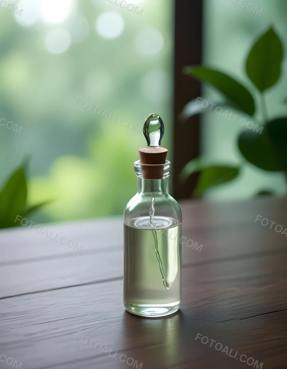 Minimal Soft Studio Light Photography A Clear Glass Dropper Bottle Filled With A Liquid Placed On A Wooden Surface The Background Is Softly Blurred Suggesting A Natural Setting With Greenery High Detail Solid Bol 22 Eab8