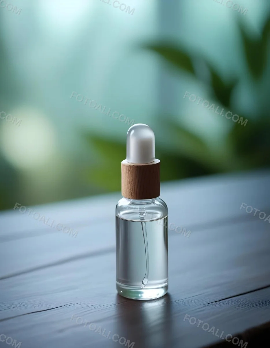 Minimal Soft Studio Light Photography A Clear Glass Dropper Bottle Filled With A Liquid Placed On A Wooden Surface The Background Is Softly Blurred Suggesting A Natural Setting With Greenery High Detail Solid Bol 23 D8fc
