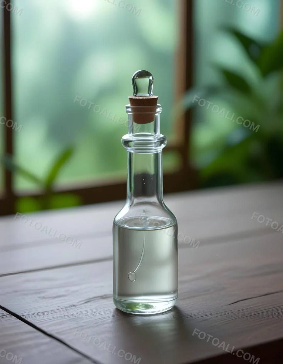 Minimal Soft Studio Light Photography A Clear Glass Dropper Bottle Filled With A Liquid Placed On A Wooden Surface The Background Is Softly Blurred Suggesting A Natural Setting With Greenery High Detail Solid Bol 3 A2f5