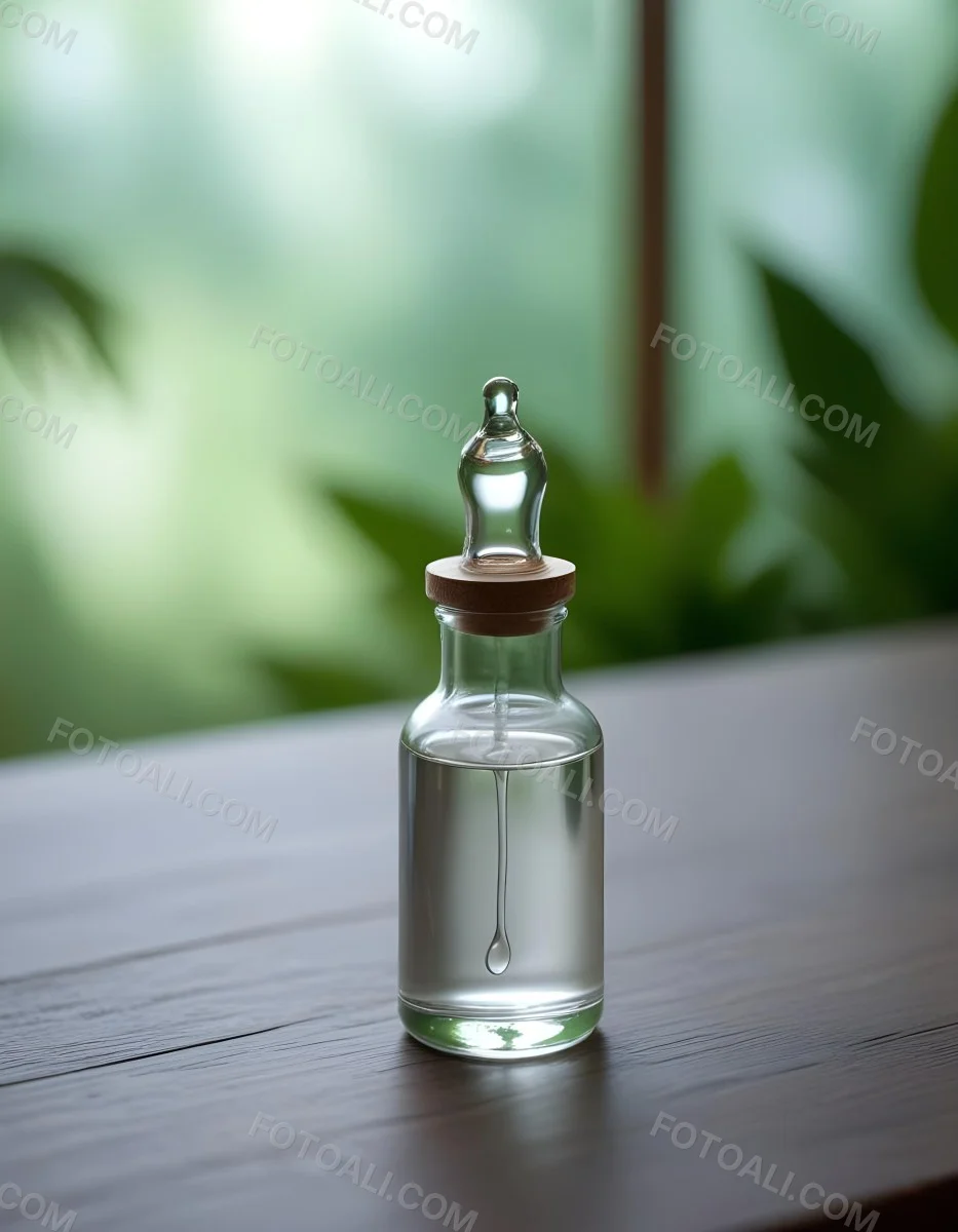 Minimal Soft Studio Light Photography A Clear Glass Dropper Bottle Filled With A Liquid Placed On A Wooden Surface The Background Is Softly Blurred Suggesting A Natural Setting With Greenery High Detail Solid Bol 5 6326