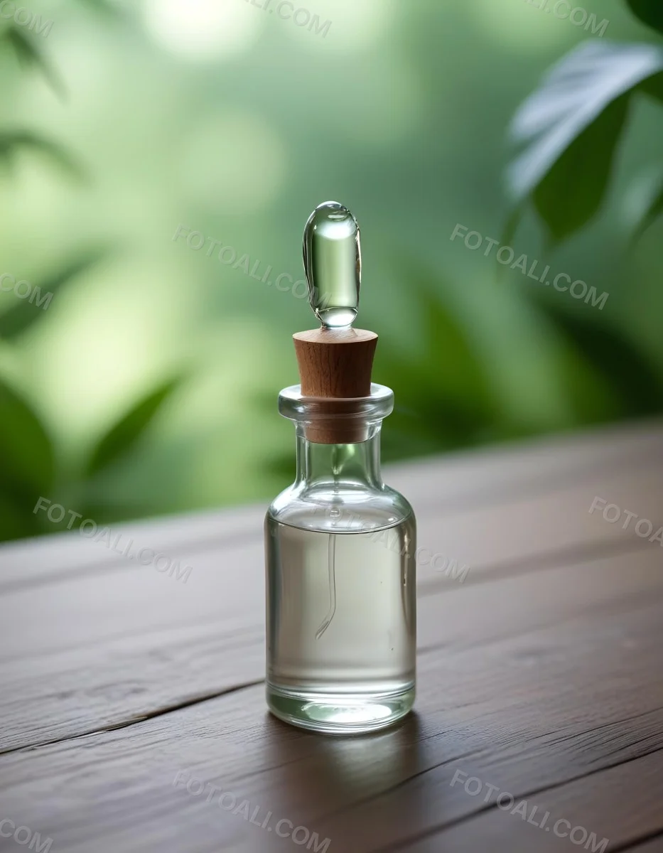 Minimal Soft Studio Light Photography A Clear Glass Dropper Bottle Filled With A Liquid Placed On A Wooden Surface The Background Is Softly Blurred Suggesting A Natural Setting With Greenery High Detail Solid Bol 6 F14a