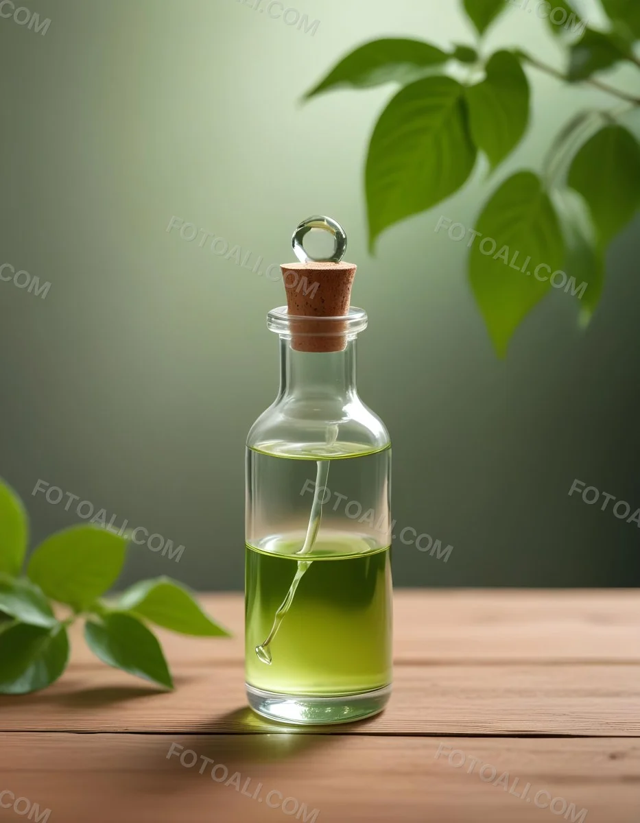 Minimal Soft Studio Light Photography A Clear Glass Dropper Bottle Filled With A Liquid Placed On A Wooden Surface The Background Is Softly Blurred Suggesting A Natural Setting With Greenery High Detail Solid Bol 8 59d9