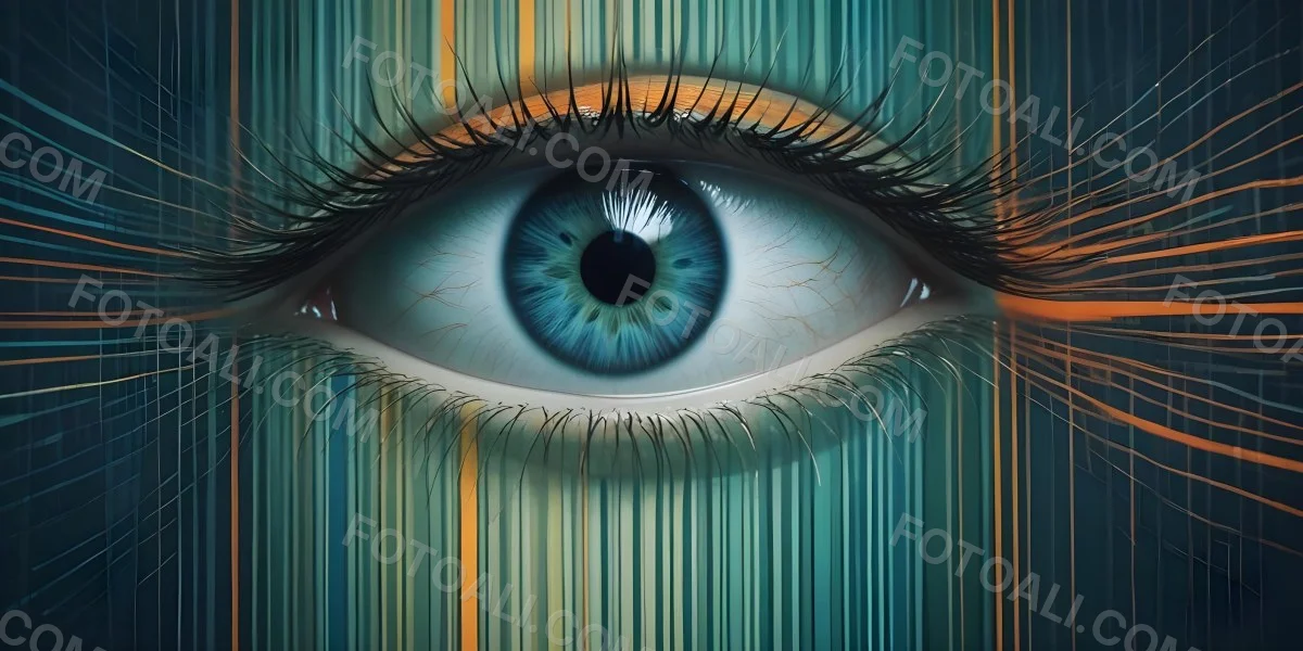 Minimal Soft Studio Light Photography A Close Up Of A Human Eye With A Surreal Abstract Background Featuring Vertical Lines And Geometric Patterns In Shades Of Blue Green And Orange High Detail Solid Bold Color Back 3 9a58