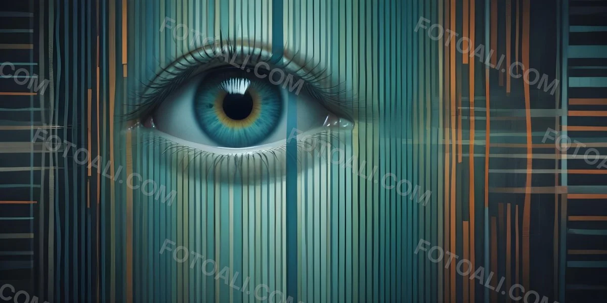 Minimal Soft Studio Light Photography A Close Up Of A Human Eye With A Surreal Abstract Background Featuring Vertical Lines And Geometric Patterns In Shades Of Blue Green And Orange High Detail Solid Bold Color Back 4 C09b