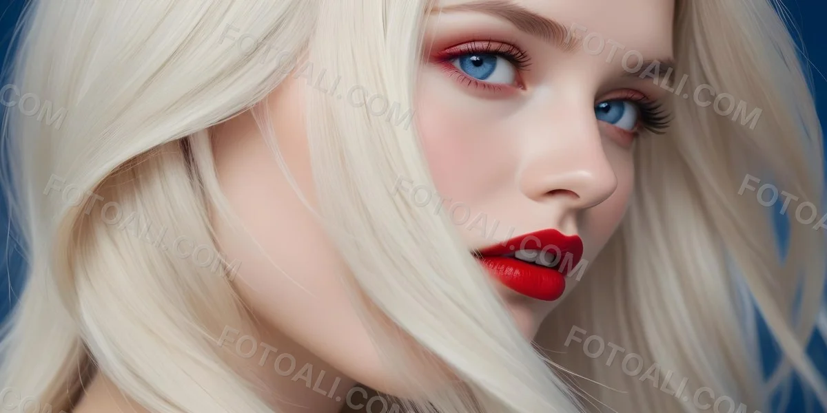 Minimal Soft Studio Light Photography A Close Up Portrait Of A Young Caucasian Woman With Long Straight Platinum Blonde Hair And Bright Blue Eyes She Has Full Red Lips And Is Wearing Dramatic Makeup The Backg 16 D79b