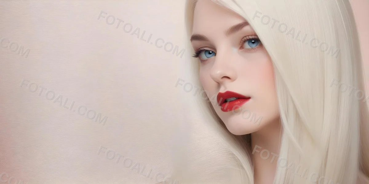 Minimal Soft Studio Light Photography A Close Up Portrait Of A Young Caucasian Woman With Long Straight Platinum Blonde Hair And Bright Blue Eyes She Has Full Red Lips And Is Wearing Dramatic Makeup The Backg 19 Ee50