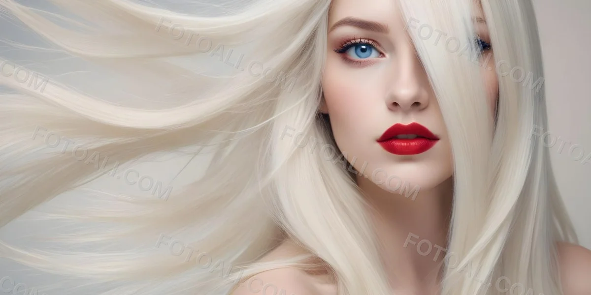 Minimal Soft Studio Light Photography A Close Up Portrait Of A Young Caucasian Woman With Long Straight Platinum Blonde Hair And Bright Blue Eyes She Has Full Red Lips And Is Wearing Dramatic Makeup The Backg 20 8f52