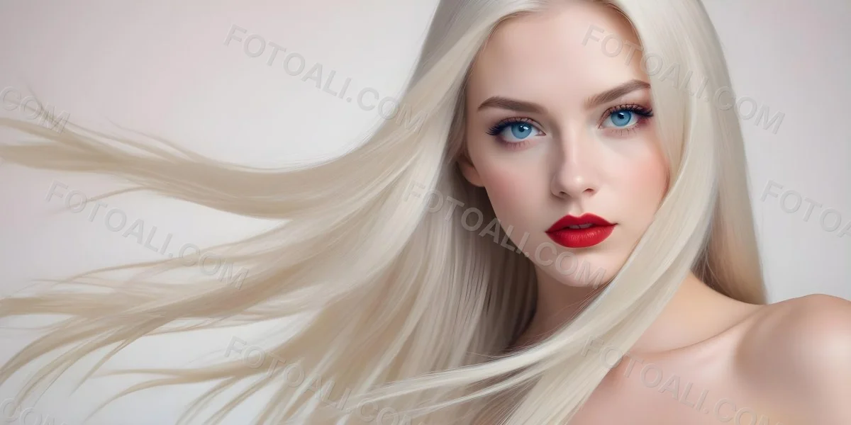 Minimal Soft Studio Light Photography A Close Up Portrait Of A Young Caucasian Woman With Long Straight Platinum Blonde Hair And Bright Blue Eyes She Has Full Red Lips And Is Wearing Dramatic Makeup The Backg 23 2d08
