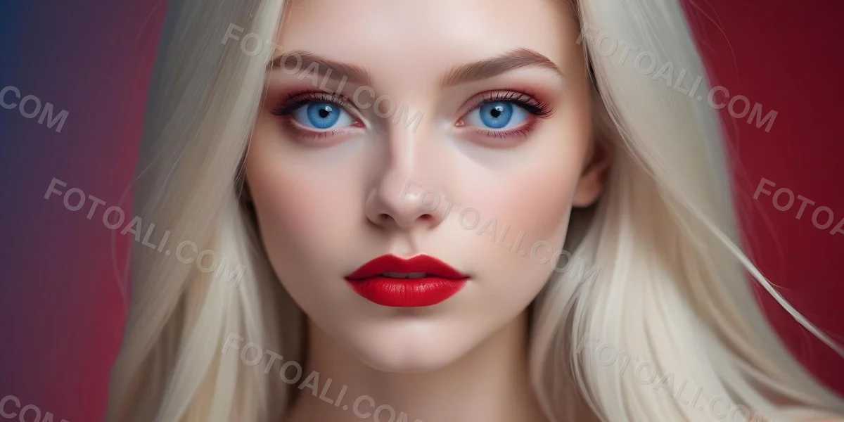 Minimal Soft Studio Light Photography A Close Up Portrait Of A Young Caucasian Woman With Long Straight Platinum Blonde Hair And Bright Blue Eyes She Has Full Red Lips And Is Wearing Dramatic Makeup The Backg 24 880c