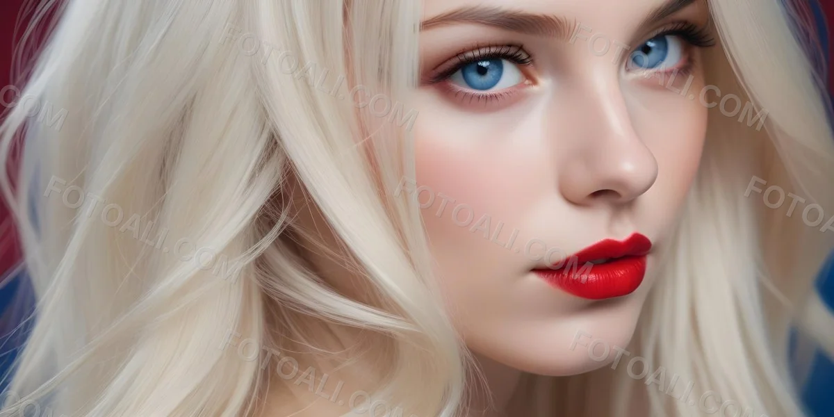 Minimal Soft Studio Light Photography A Close Up Portrait Of A Young Caucasian Woman With Long Straight Platinum Blonde Hair And Bright Blue Eyes She Has Full Red Lips And Is Wearing Dramatic Makeup The Backg 25 D59c