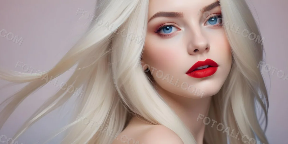 Minimal Soft Studio Light Photography A Close Up Portrait Of A Young Caucasian Woman With Long Straight Platinum Blonde Hair And Bright Blue Eyes She Has Full Red Lips And Is Wearing Dramatic Makeup The Backg 26 Dc35