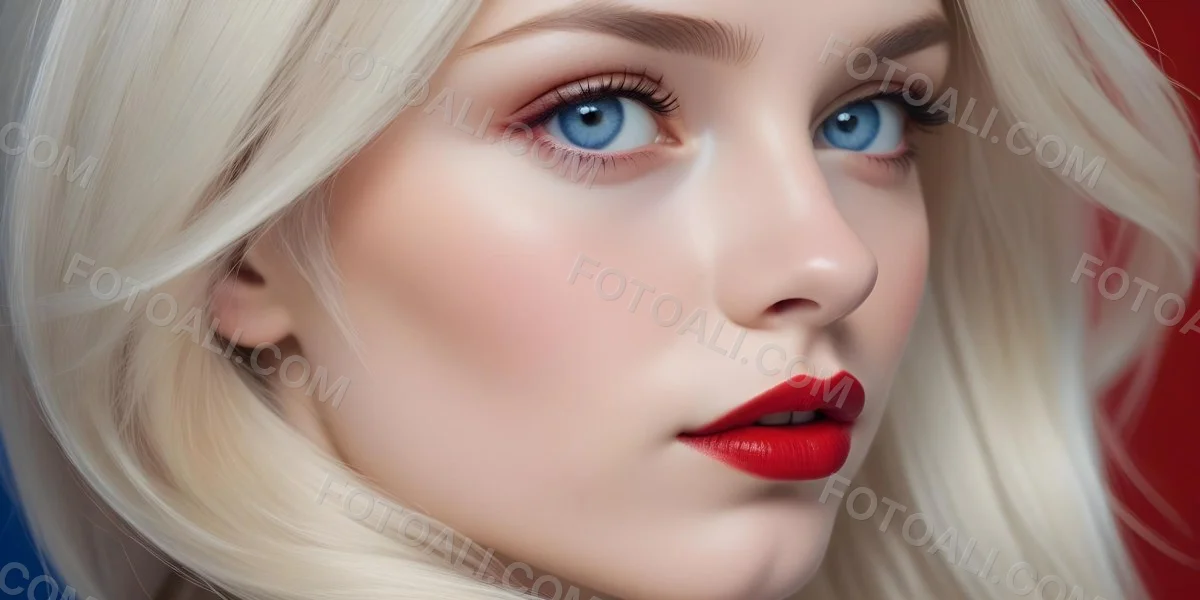 Minimal Soft Studio Light Photography A Close Up Portrait Of A Young Caucasian Woman With Long Straight Platinum Blonde Hair And Bright Blue Eyes She Has Full Red Lips And Is Wearing Dramatic Makeup The Backg 28 Ef42