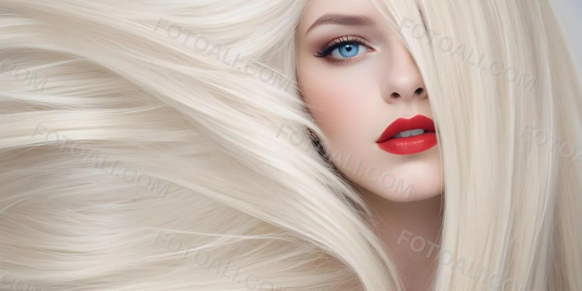 Minimal Soft Studio Light Photography A Close Up Portrait Of A Young Caucasian Woman With Long Straight Platinum Blonde Hair And Bright Blue Eyes She Has Full Red Lips And Is Wearing Dramatic Makeup The Backg 3 43c4