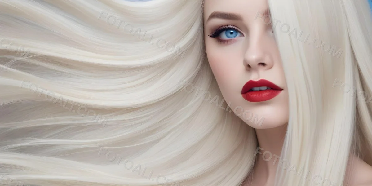 Minimal Soft Studio Light Photography A Close Up Portrait Of A Young Caucasian Woman With Long Straight Platinum Blonde Hair And Bright Blue Eyes She Has Full Red Lips And Is Wearing Dramatic Makeup The Backg 4 78a7
