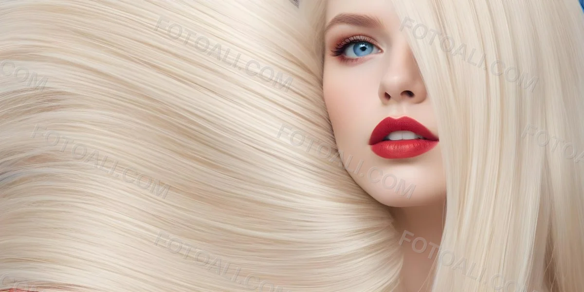 Minimal Soft Studio Light Photography A Close Up Portrait Of A Young Caucasian Woman With Long Straight Platinum Blonde Hair And Bright Blue Eyes She Has Full Red Lips And Is Wearing Dramatic Makeup The Backg 6 Bc42