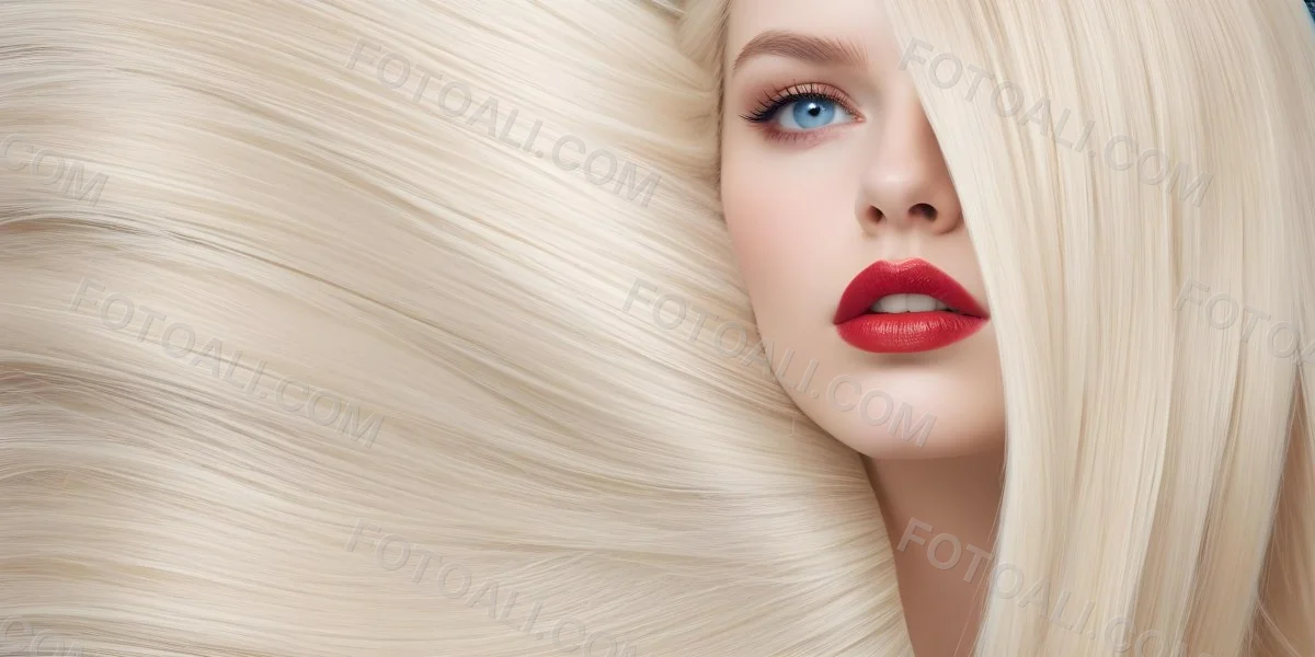 Minimal Soft Studio Light Photography A Close Up Portrait Of A Young Caucasian Woman With Long Straight Platinum Blonde Hair And Bright Blue Eyes She Has Full Red Lips And Is Wearing Dramatic Makeup The Backg 7 8225
