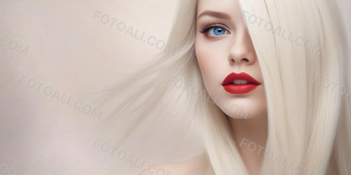 Minimal Soft Studio Light Photography A Close Up Portrait Of A Young Caucasian Woman With Long Straight Platinum Blonde Hair And Bright Blue Eyes She Has Full Red Lips And Is Wearing Dramatic Makeup The Backg 9 63f1